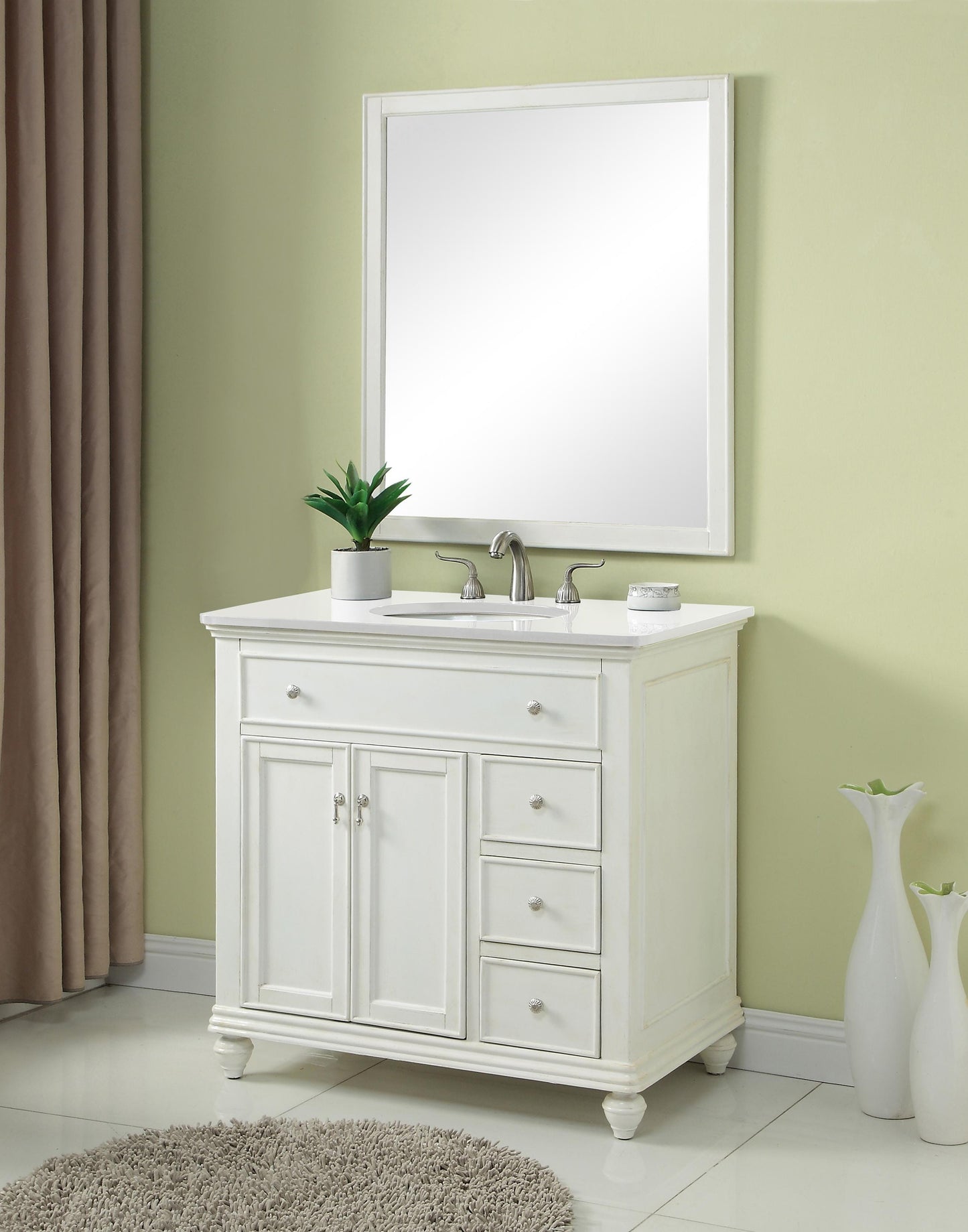 36 inch Single Bathroom Vanity in Antique White with Ivory White Engineered Marble - BC1103635AW