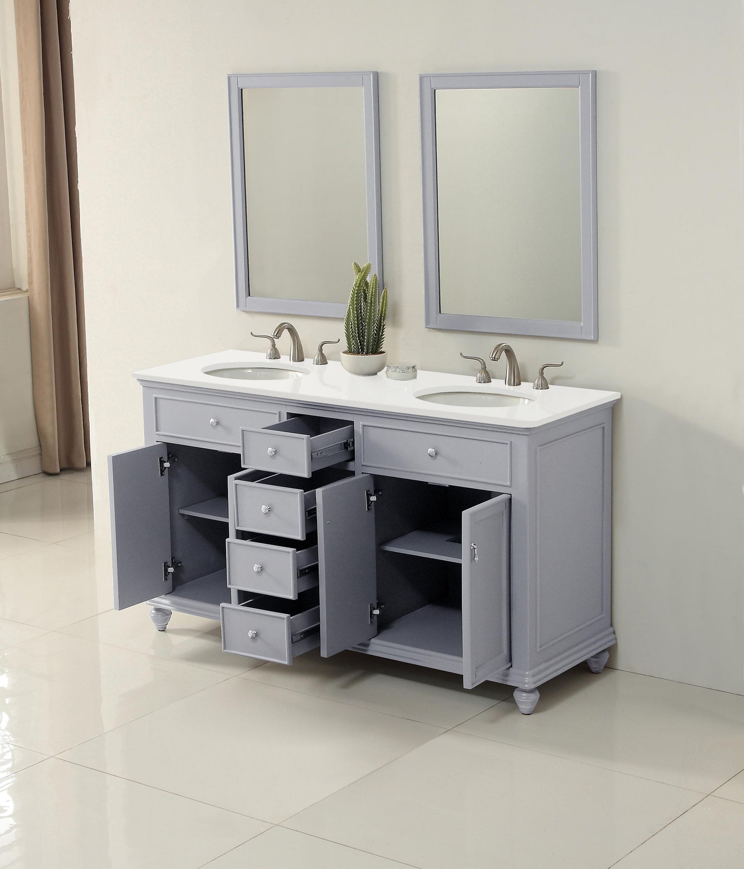 60 inch Double Bathroom Vanity in Light Grey with Ivory White Engineered Marble - BC1106035GR