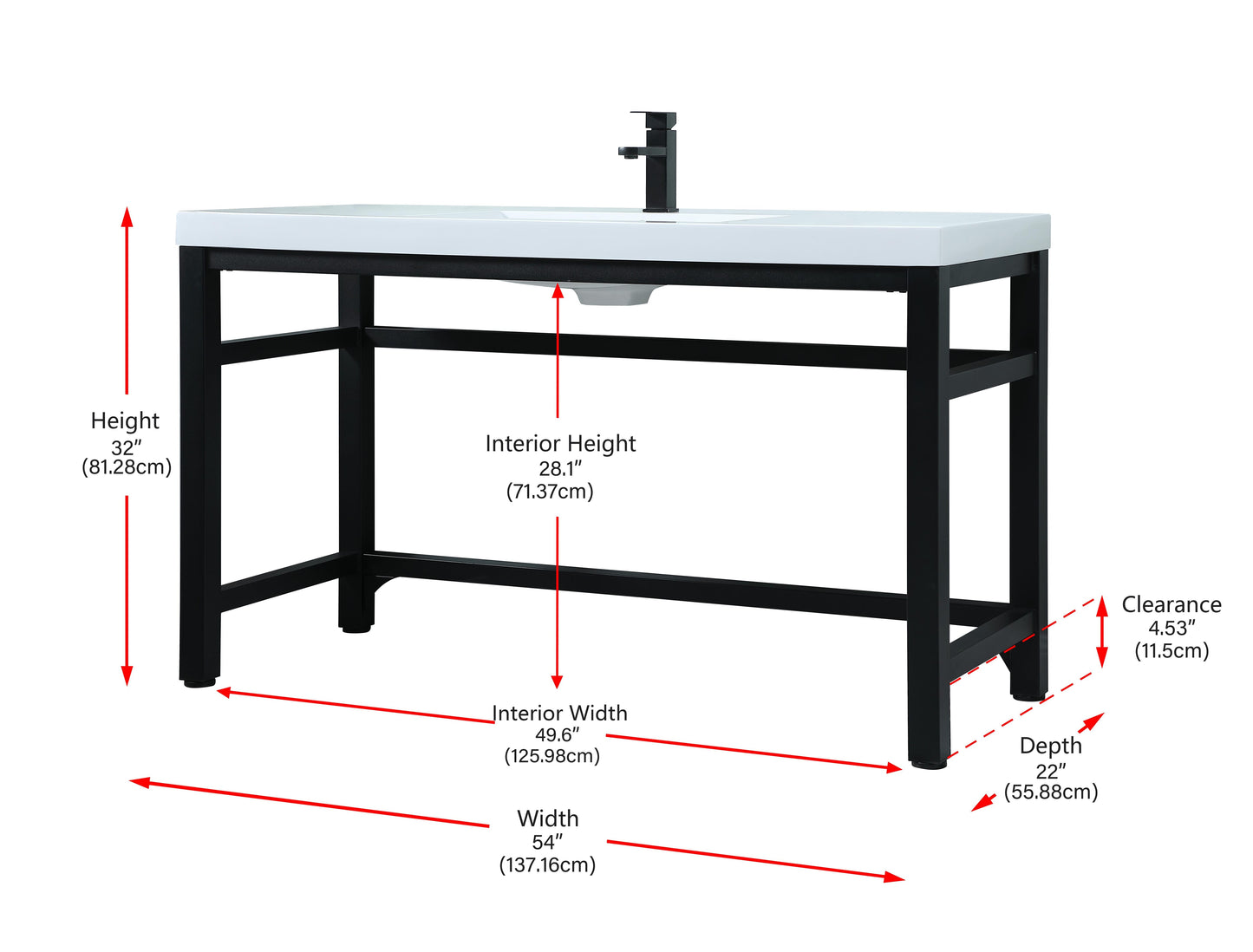 54 Inch ADA Compliant Single Bathroom Metal Vanity in Black - BC1305432BK