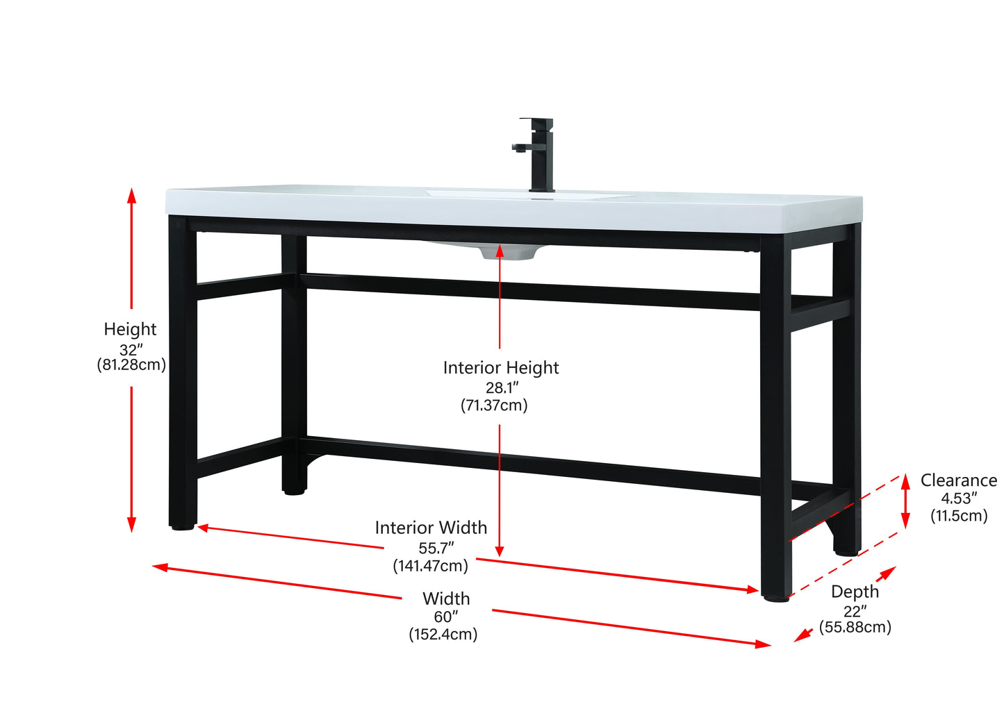 60 Inch ADA Compliant Single Bathroom Metal Vanity in Black - BC1306032BK