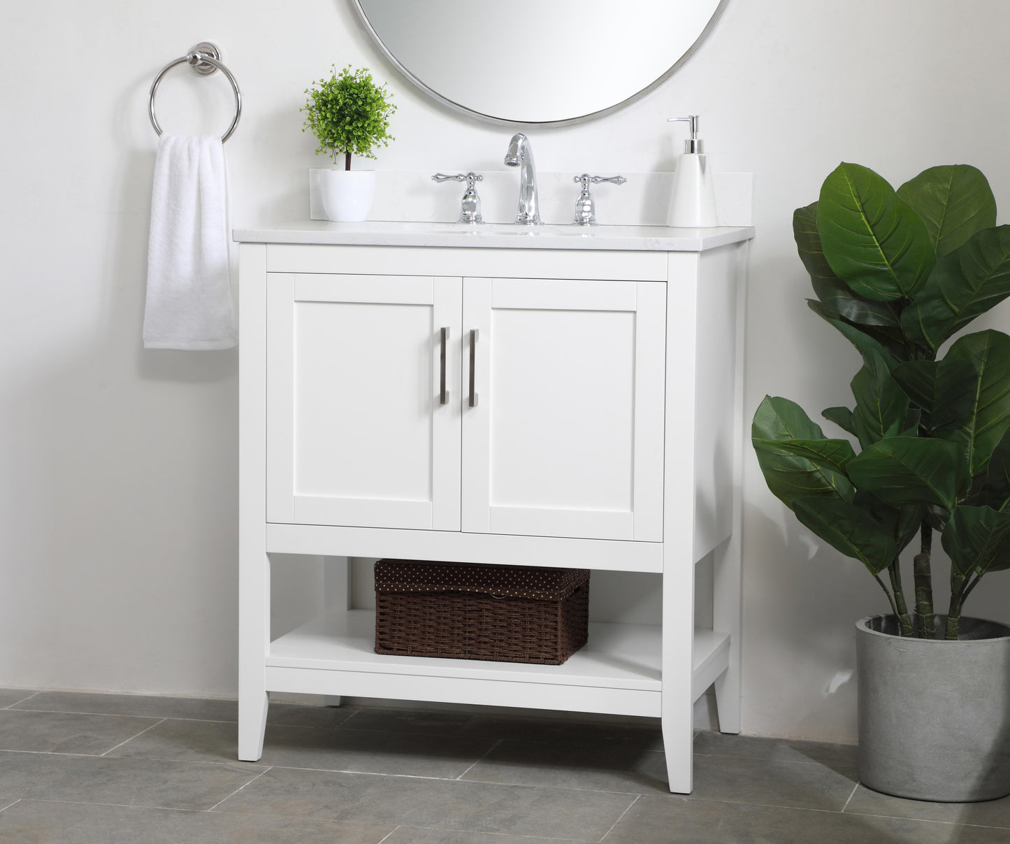 30 inch Single Bathroom Vanity in White with Backsplash - BC1603034WH-BS