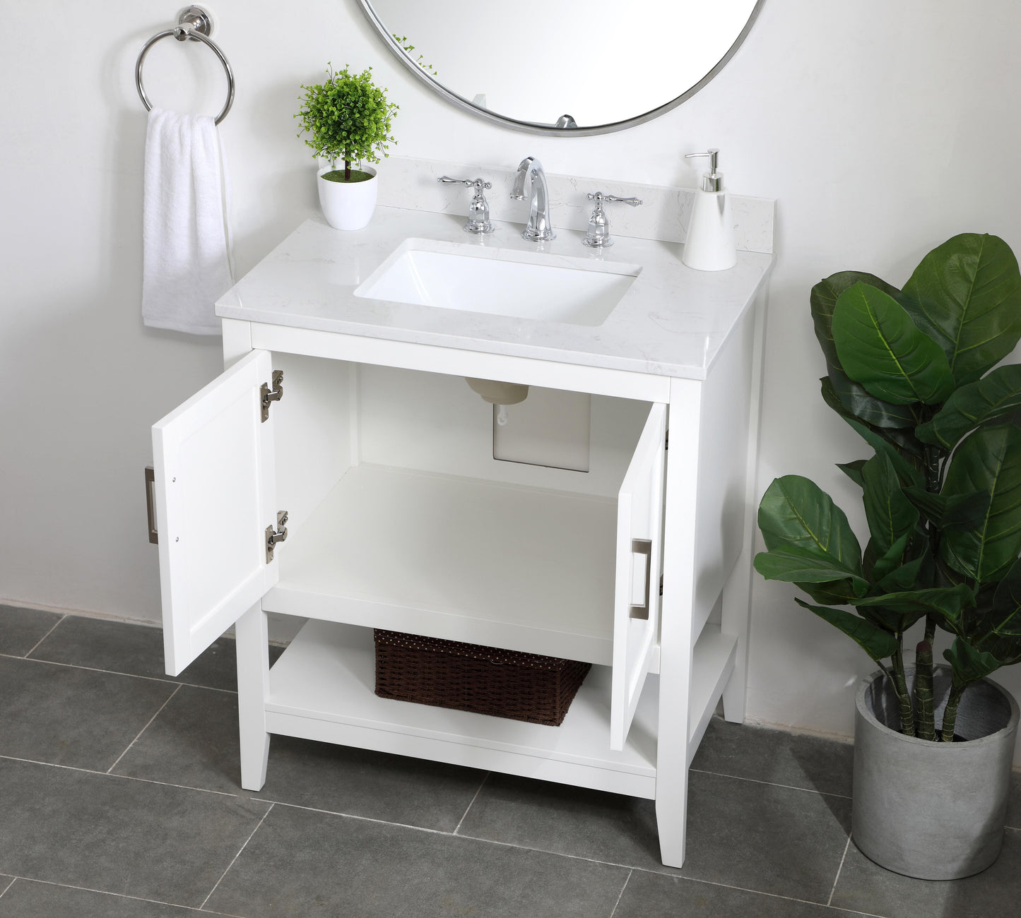 30 inch Single Bathroom Vanity in White with Backsplash - BC1603034WH-BS