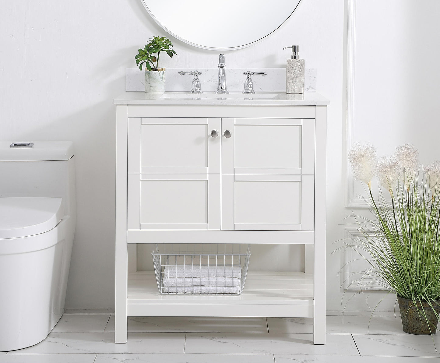 30 inch Single Bathroom Vanity in White with Backsplash - BC1703034WH-BS