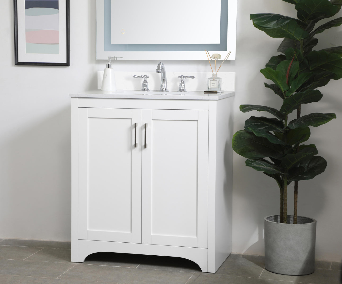 30 inch Single Bathroom Vanity in White with Backsplash - BC1803034WH-BS