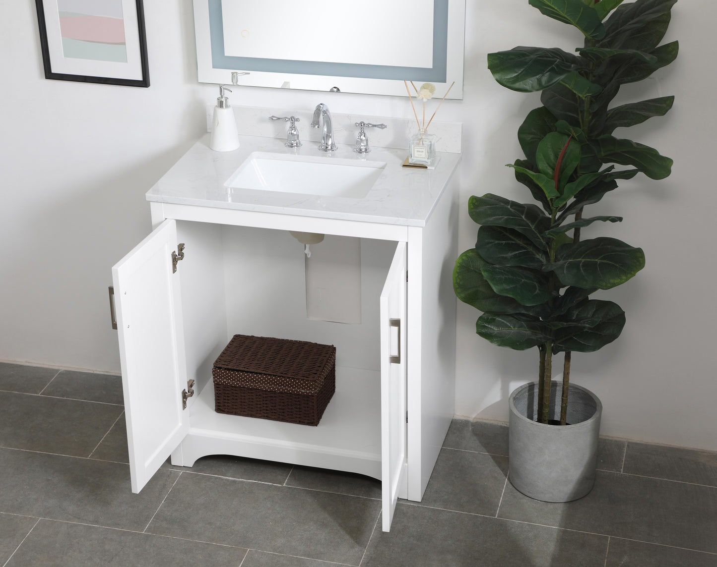 30 inch Single Bathroom Vanity in White with Backsplash - BC1803034WH-BS