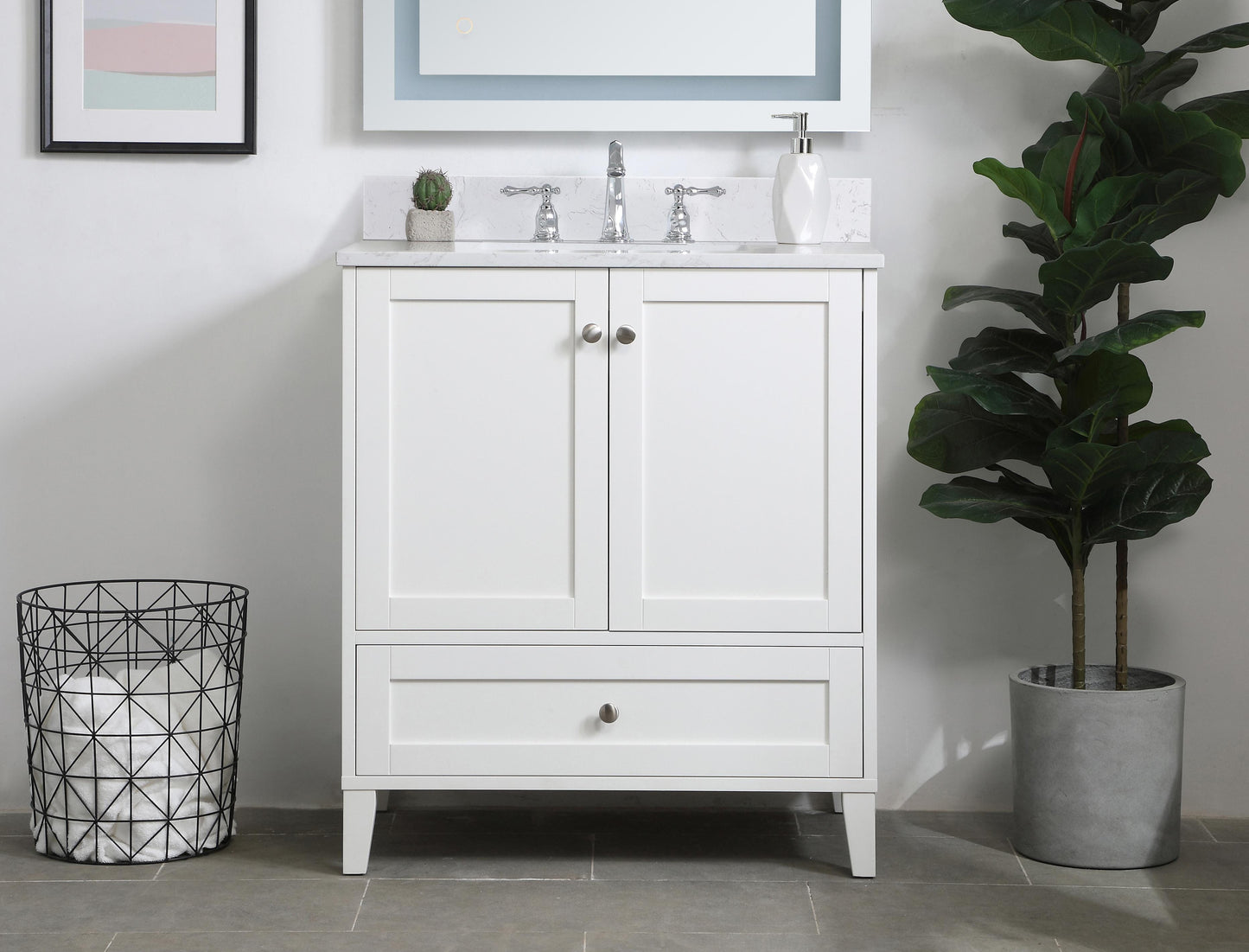 30 inch Single Bathroom Vanity in White with Backsplash - BC1903034WH-BS