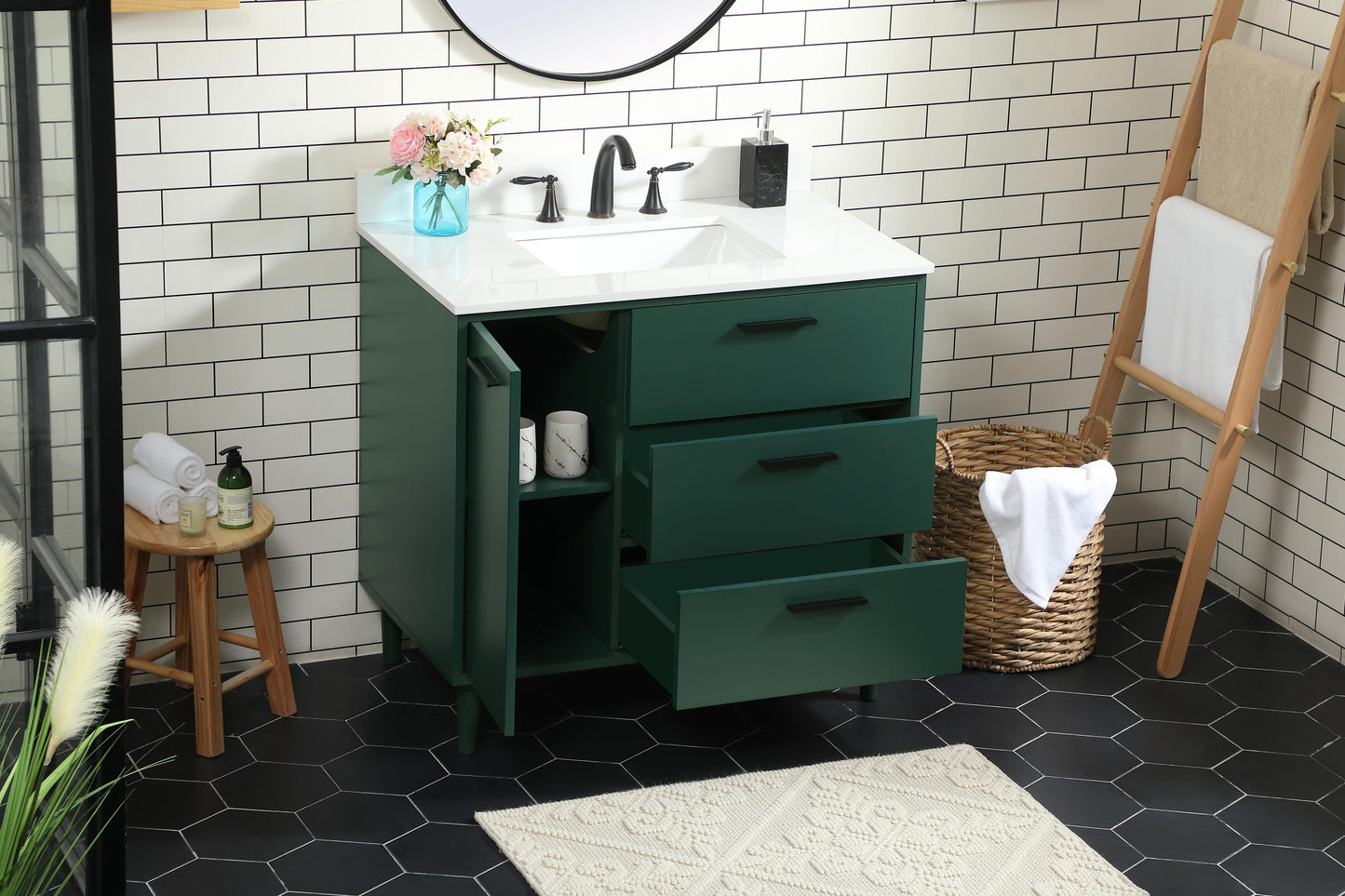 36 inch Bathroom Vanity in Green with backsplash