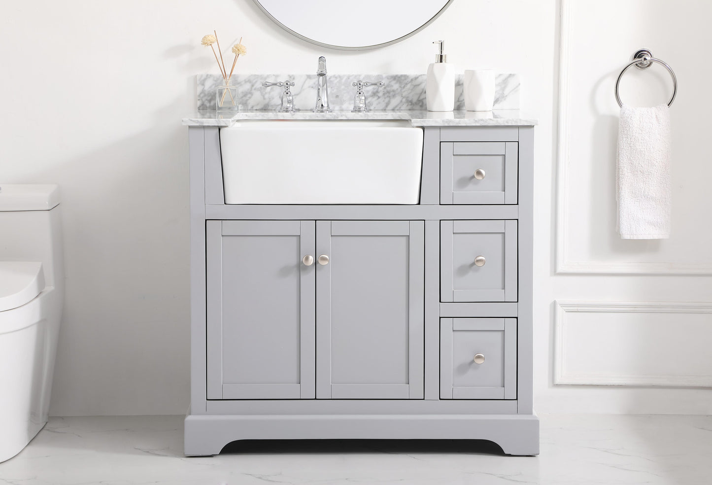 36 inch Single Bathroom Vanity in Grey with backsplash