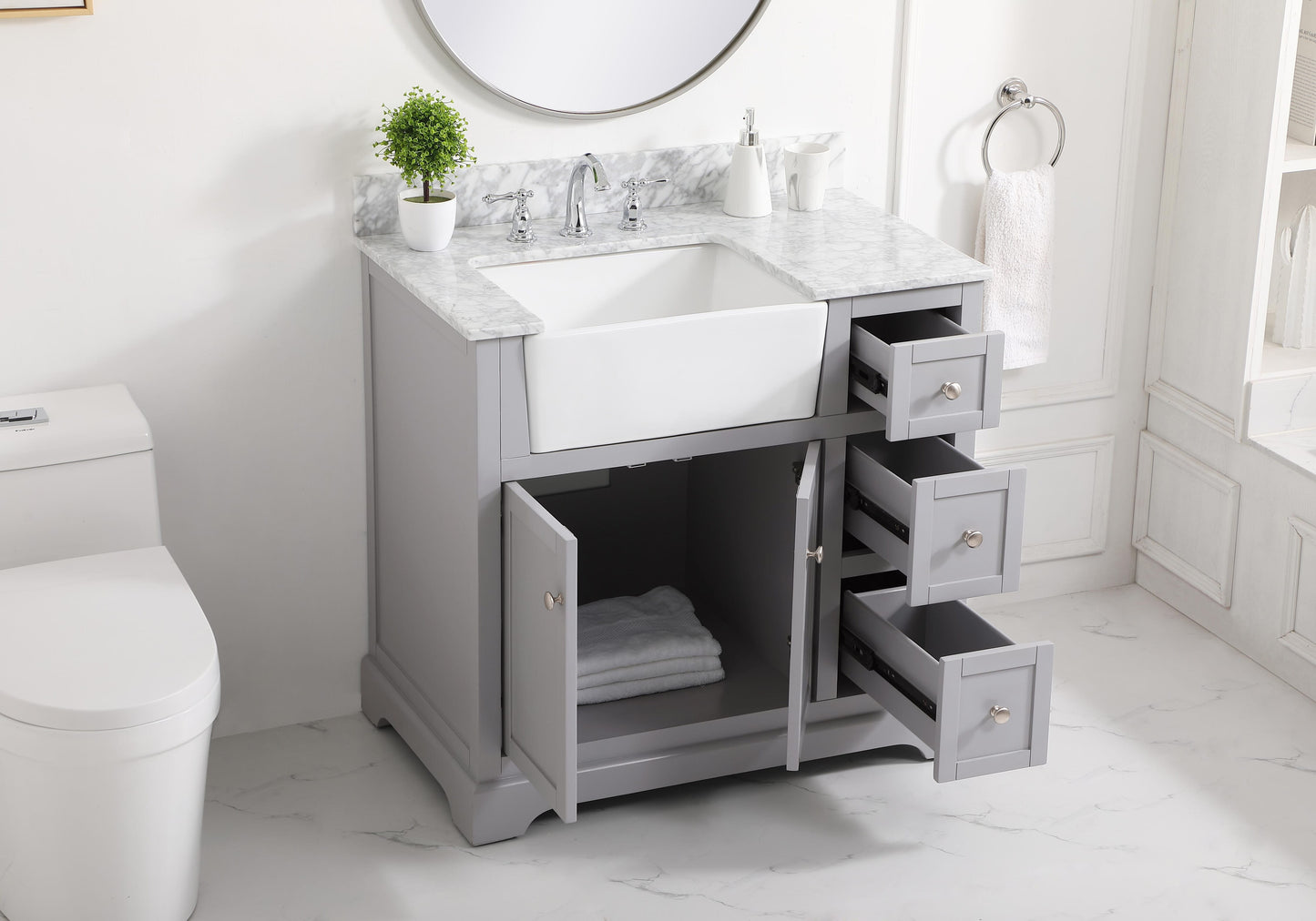 36 inch Single Bathroom Vanity in Grey with backsplash